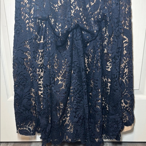 Navy Blue Evening Gown Nude Lining with Lace Overtop Beaded Plunging Neckline - Picture 9 of 16